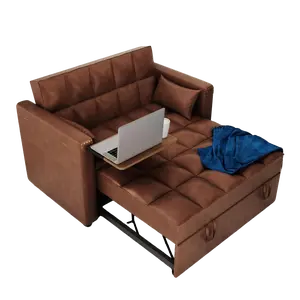 Giratree Furniture 48"W Convertible Faux Leather Sofa Bed, 3-in-1 Multi-Functional Pull-Out Couch with Adjustable Backrest and Hidden Side Table for Living Room, Small Space