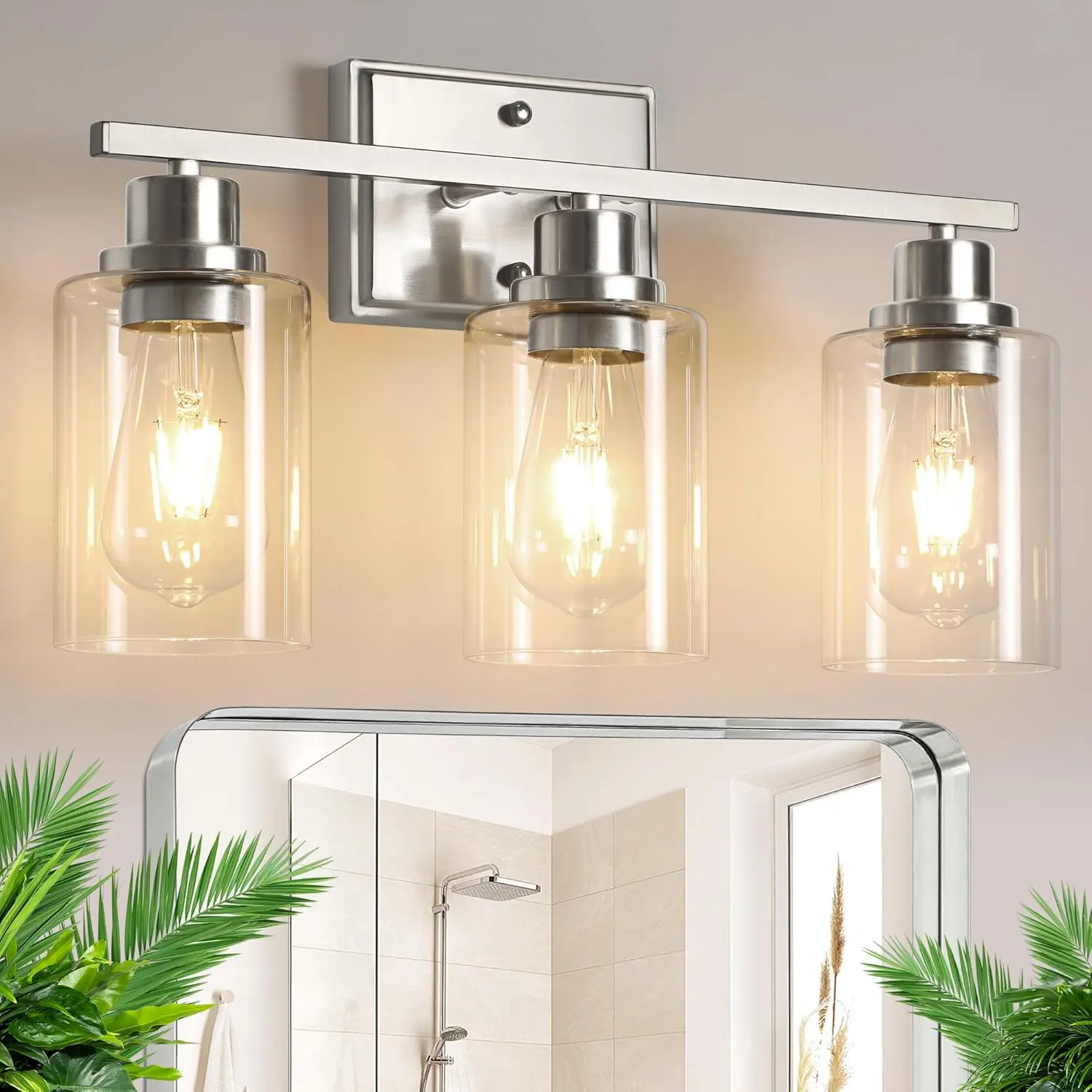Ascher 3 Light Bathroom Light Fixtures, Modern Vanity Lights Over Mirror, Black Wall Lamp with Clear Glass for Living Room Cabinet Bedroom Porch