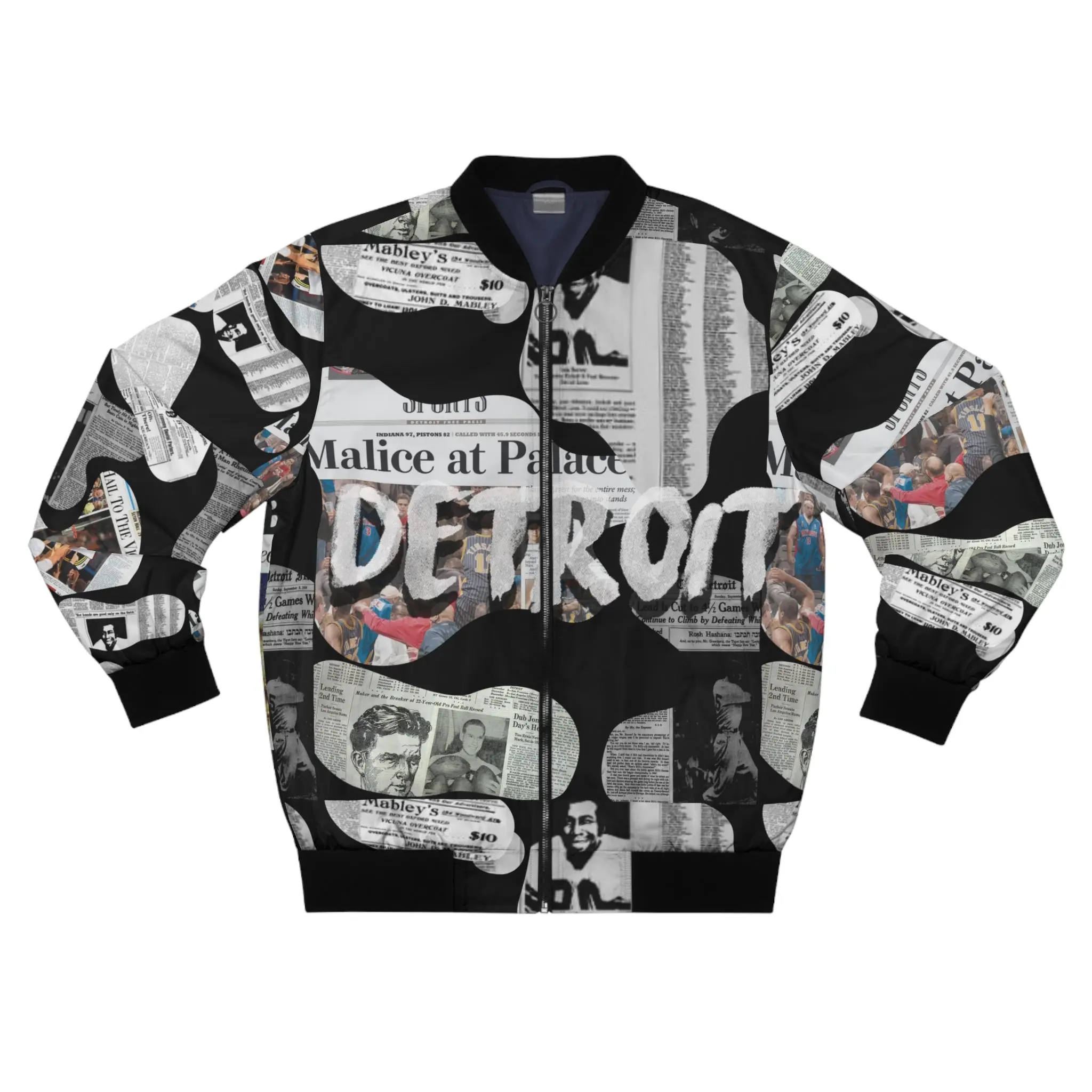 Detroit Newspaper Cutout Kimante All Black AOP Bomber Jacket
