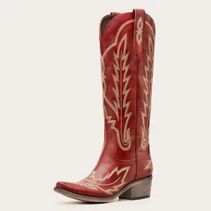 Burgundy Classic Tall Cowgirl Boots with Flame Embroidery Western Design Comfortable Heel Soft Fit for Women Snip Toe Side Zipper Breathable Mesh Lining