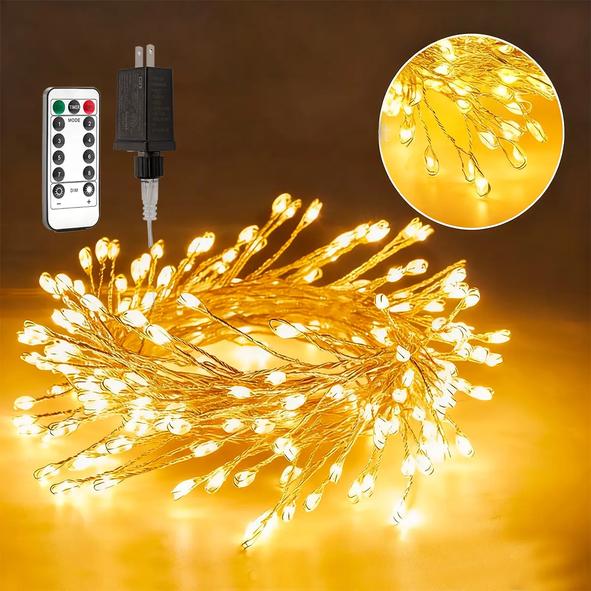10FT Decorative Firecracker Fairy String Lights, 100-LED Warm White Plug-In Silver Wire Lights with Remote for Christmas Tree, Bedroom, Patio Decor