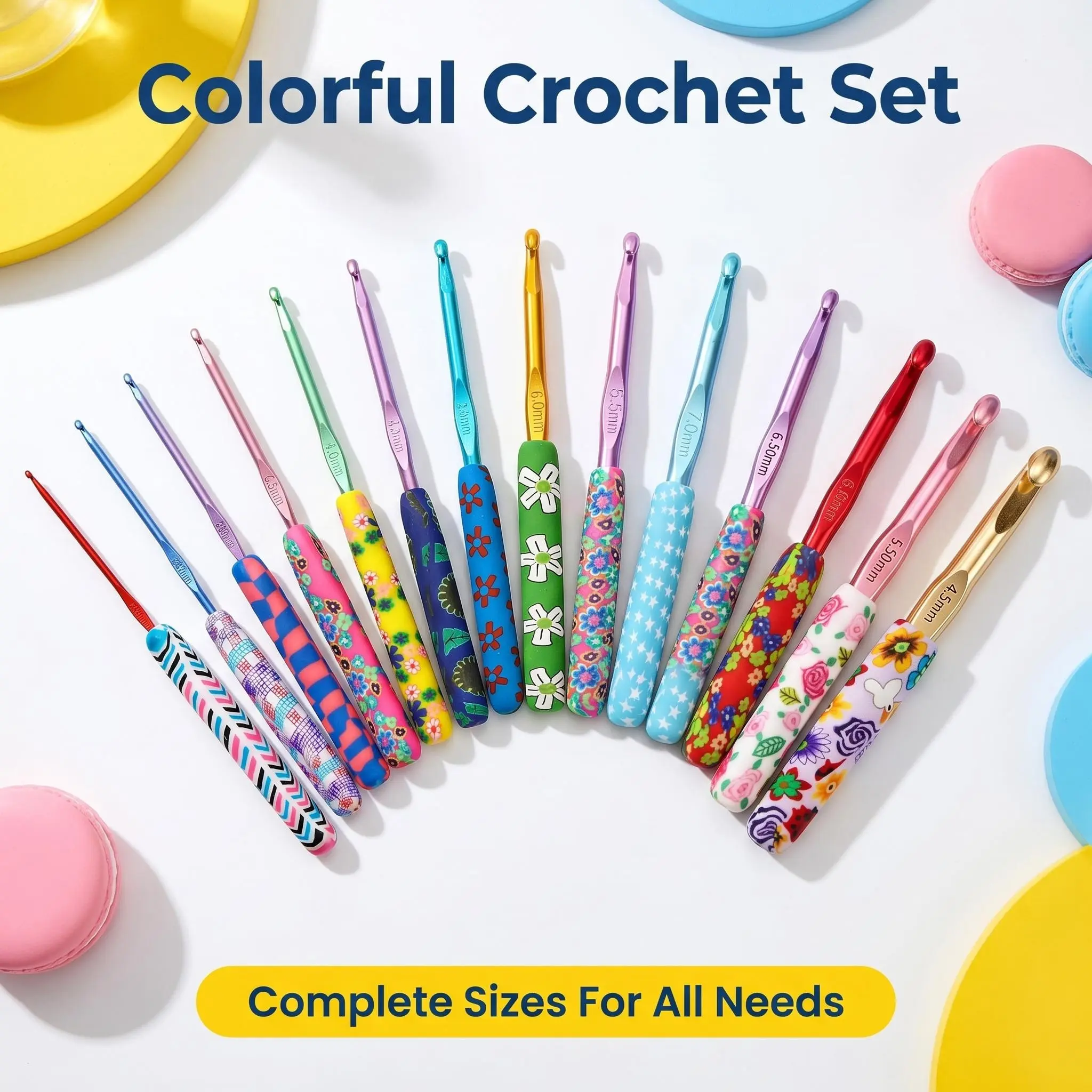 Colorful Ergonomic Crochet Hooks Set - 14 Pieces Non-Slip Rubber Grip Aluminum Needles, Colorful Knitting & Crochet Haberdashery, DIY Yarn Craft Weaving Supplies for Beginners, Women's Birthday Gifts