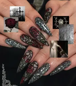 Gothic Stain Glass Press On Nails | Red Rose & Silver Metal | Medieval Romance Trend Black Fall | Vampire Queen Wear | Stiletto Nail Art, Nail Art Kit Nail Box