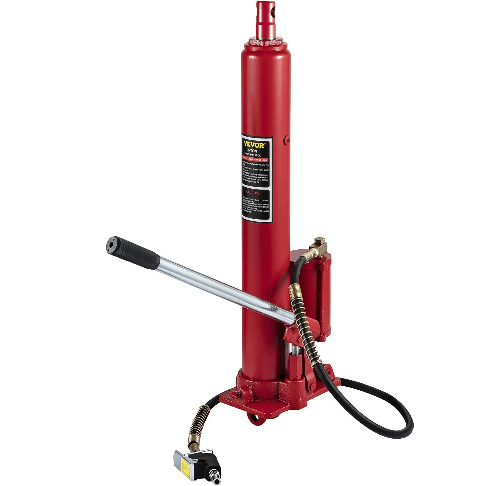 【summerfinds】VEVOR Hydraulic/Pneumatic Long Ram Jack, 8 Tons/17363 lbs Capacity, with Single Piston Pump and Clevis Base, Manual Cherry Picker w/Handle, for Garage/Shop Cranes, Engine Lift Hoist, Red