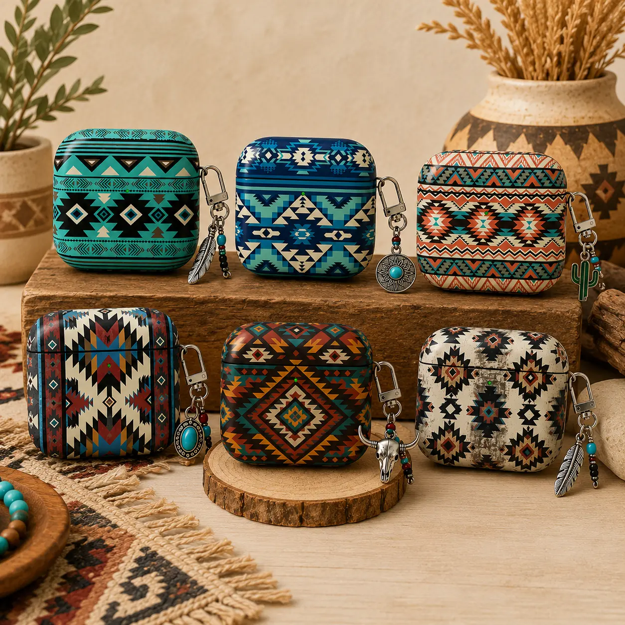 NO KEYCHAIN Southwestern Aztec AirPods Gen 1 2 3 4 Case,Boho Tribal Case, Western Native Pattern Protective Cover, Turquoise Geometric Case