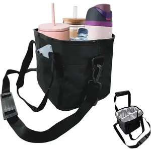 4-Compartmen CoffeeDrinkware Water Bottle Carrier with Adjustable Strap Foldable Detachable Hook-and-Loop Interior Divider for Car Travel Beach Picnics Outdoor Straw Accessories Classic Black Lake Blue Heather Dark Gray Heavy-Duty Nylon