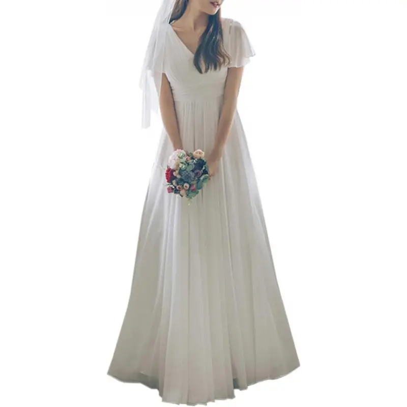 Women's Dress, Wedding Dress, Evening Dress, Long Dress, V-neck, Simple, Stylish, Elegant, Sophisticated, Formal, for Weddings, Receptions, Parties, and Banquets