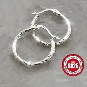 S925 Sterling Silver Hoop Earrings, Minimalist Geometric Twist Circle Hoop Earrings, Classic Style Earrings Jewelry 2.2g/0.08oz