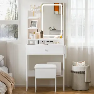 White Makeup Vanity Set with Chair, Dressing Table with Mirror, Power Outlet, 3 Lighting Modes, Adjustable Brightness & 1 Storage Drawer, Indoor Bedroom Furniture for Spring Beauty Refresh