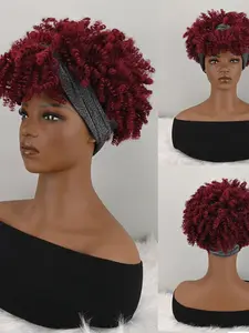 Burgundy Curly Wig with Glitter Headwrap, Synthetic Hair, Easy Wear Turban Style, Medium Length, Coily Curl, All Seasons