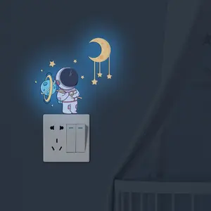 Glow in the Dark Astronaut Star Moon Switch Stickers, Kids Room Wall Decor for Imagination, Self-Adhesive Cartoon Style space theme design Decorative Luminous Wall Sticker in Blue