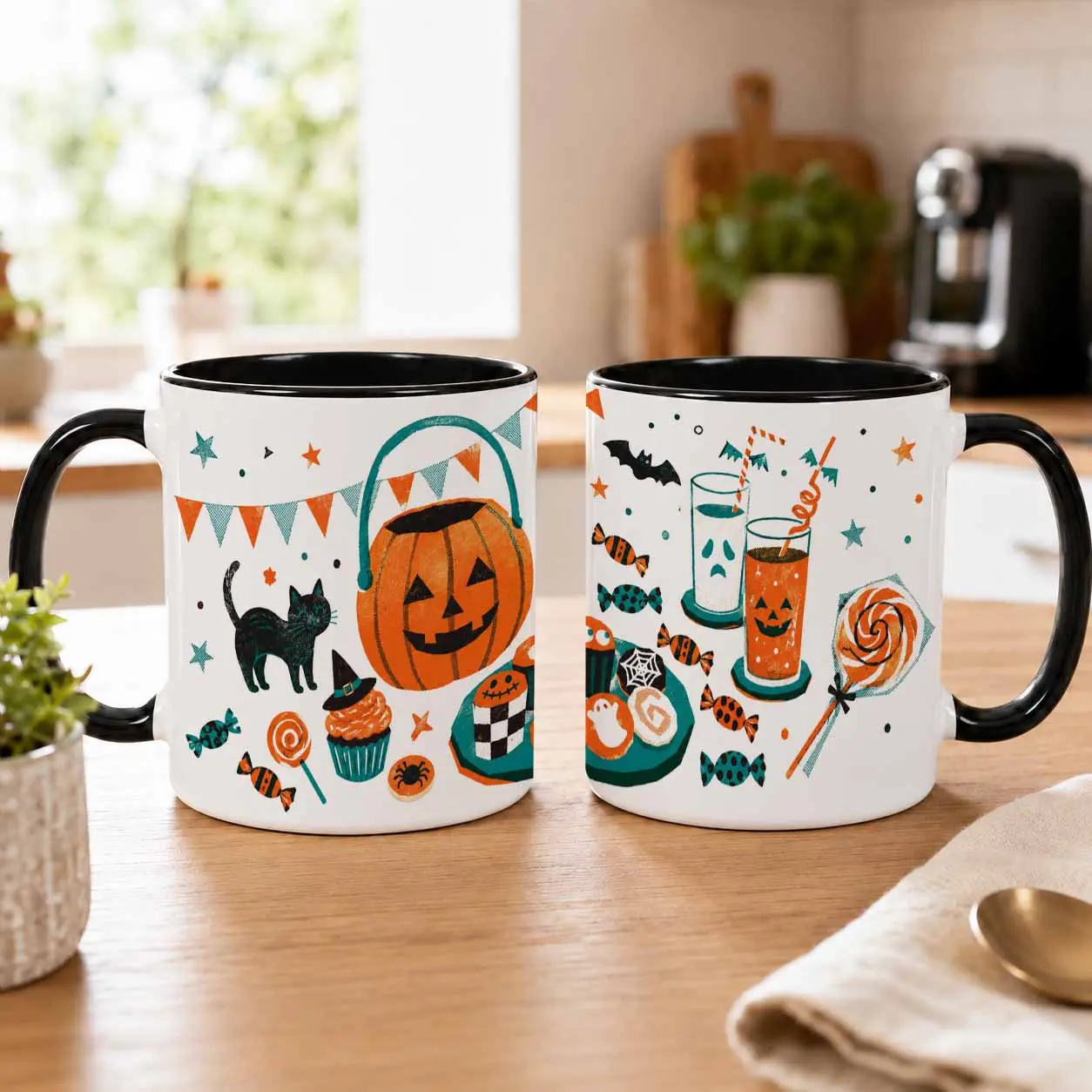 Halloween Pumpkin Candy Party Mug (11oz/15oz)  Festive Jack O Lantern and Black Cat Pattern  Colorful Durable Ceramic  Ideal for Home Decor  Holiday Celebration  Office Desk  Gift Exchange  Autumn Gathering