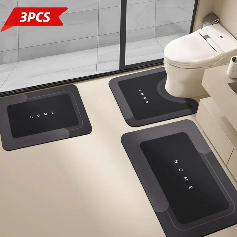 3-Piece Set Bathroom Toilet Mat，Quick-Drying Water-Absorbing Floor Mat, Rubber Anti-Slip Bottom Design, Suitable For Bathroom, Washbasin, Toilet, Kitchen, Living Room, Beside The Bathtub, Laundry Room, Bathroom Decoration.