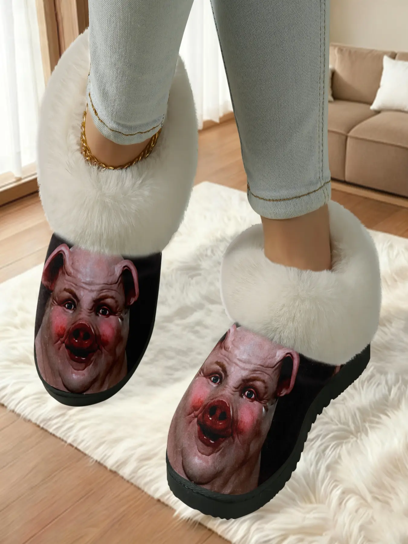 Crazy Funny Pig Head Home Plush Slippers 1 Pair, Indoor Warm Slippers, Eye-Catching Style, Faux Fur Lining + Fleece-Lined Warmth + Soft Sole Cushioning, Funny Enthusiasts & Home Lovers for Home Foot Warmth + Stylish Outfits, Winter Must-Have