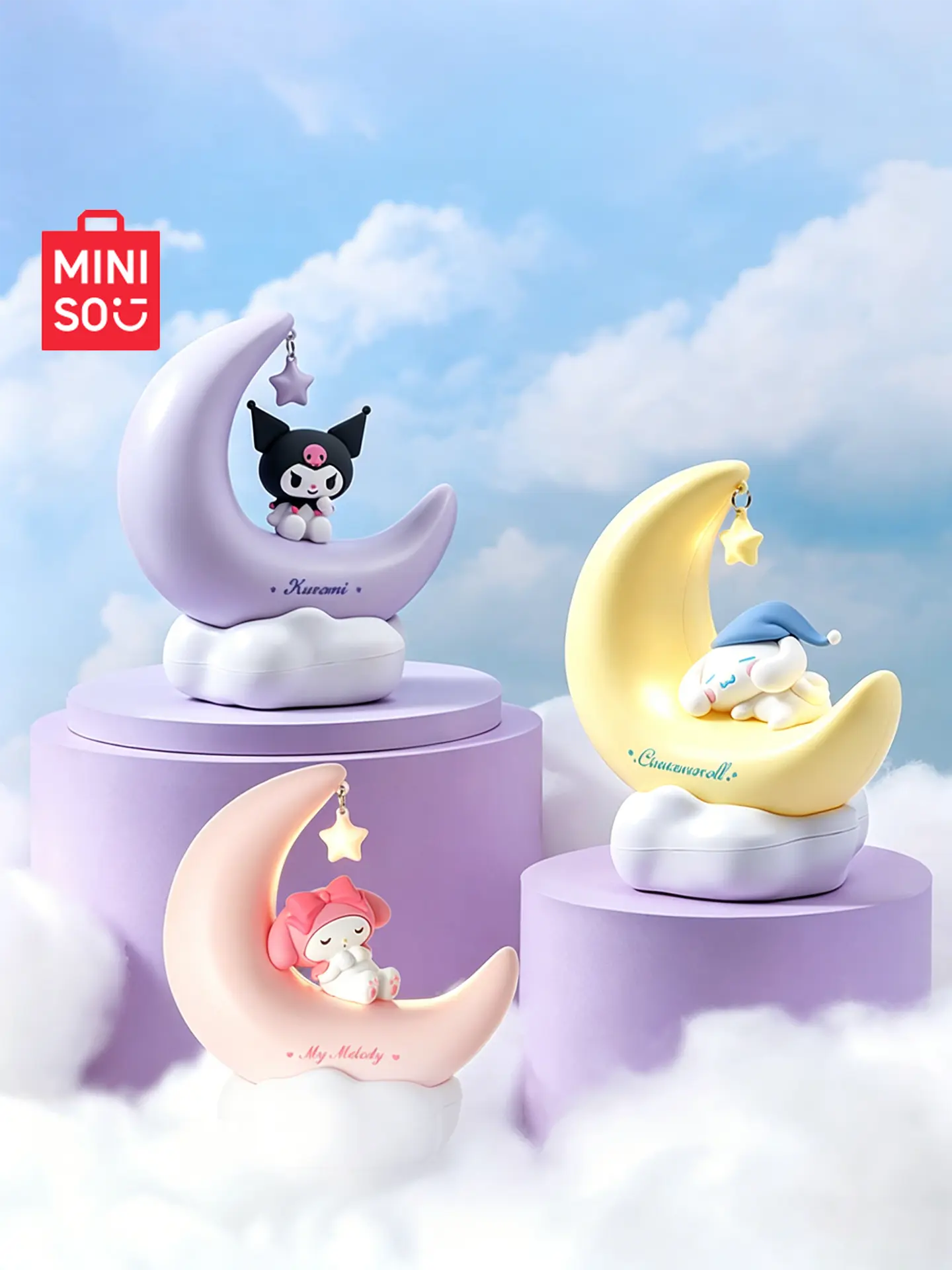 MINISO SR Crescent Sweet Dream LED Night Light Decoration with Cinnamoroll & Kuromi Characters, Adorable Cartoon Design, Soft Warm Lighting, USB-Powered Charging, Ideal for Bedroom Bedside, Desk Ornament & Room Decor