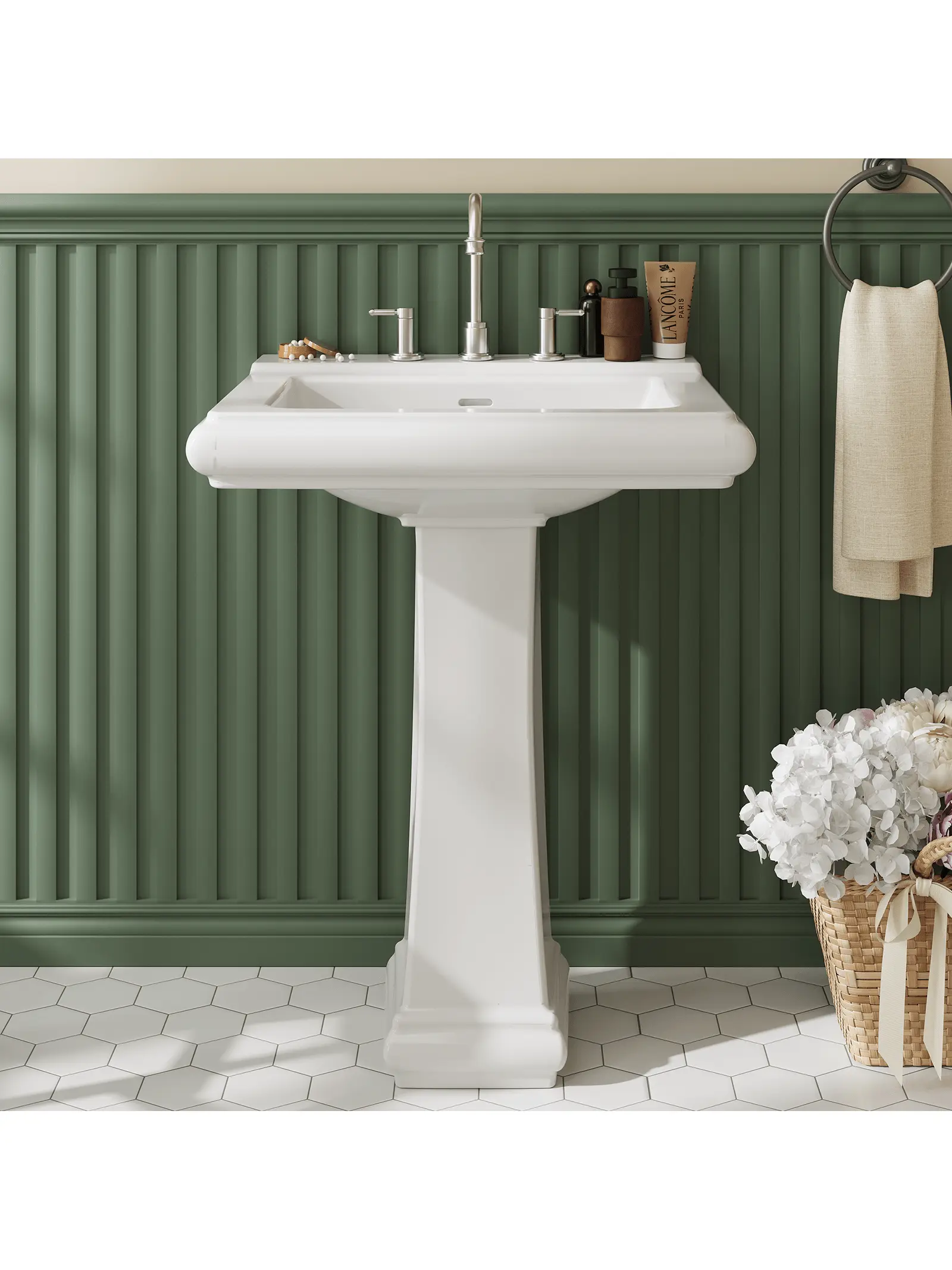 Elegant Modern White Ceramic Bathroom Pedestal Sink Bowl - 26" W x 20" D, Versatile Design with Overflow, 3 Pre-Drilled Holes for 4-in & 8-in Faucets, Commercial-Grade Durability, Easy Cleaning, Practical Storage