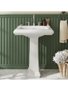 Bathroom Pedestal Sink 26" W x 20" D Modern White Ceramic with Overflow and 3 Pre-Drilled Holes for 4-Inch & 8-Inch Faucets