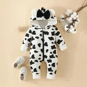 Newborn Baby Girl Hooded Romper Heart Cow Pattern Zipper Long Sleeve Baby Romper Snowsuit Set