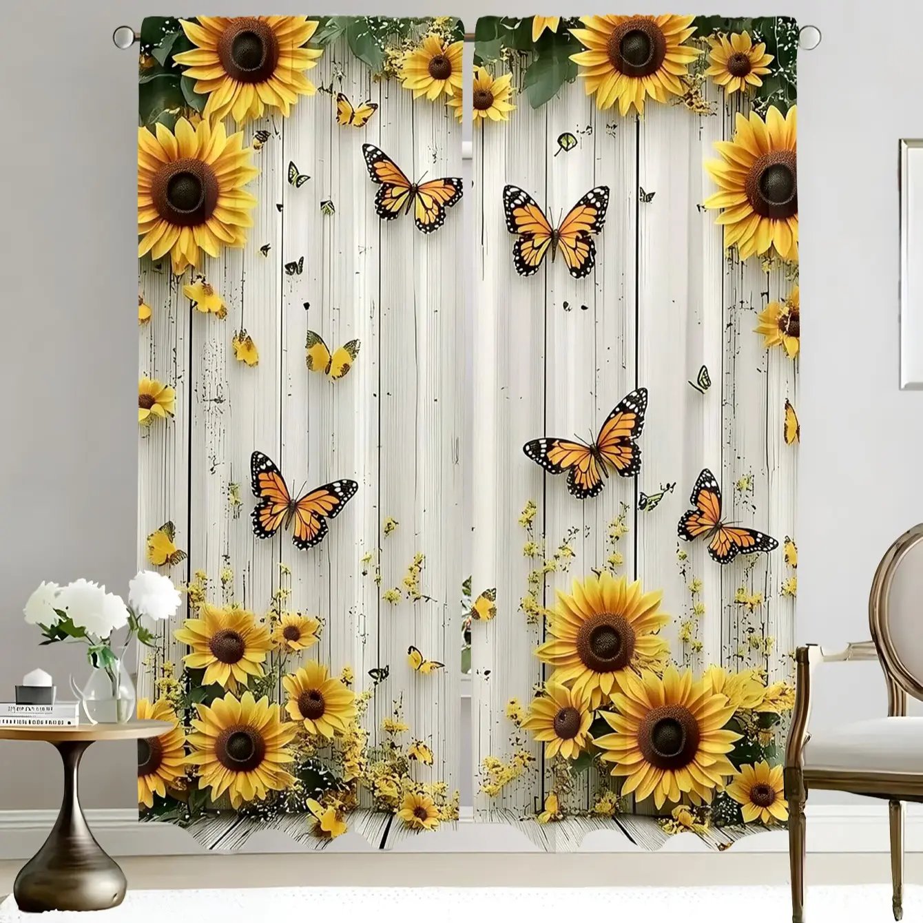 2-Piece Polyester Fabric Sunflower Butterfly Wood Grain Pattern Curtains, Rustic Fresh Style Rod Pocket Window Drapes for Living Room Bedroom Decor