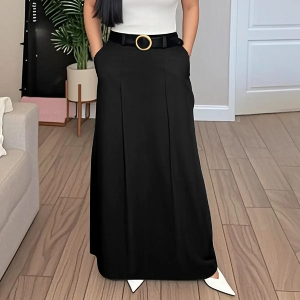 Women's Chic Mid-Waist H-Shaped Plain Woven Maxiskirt - 2025 Minimalist Thick Loose Polyester Skirt with Pockets, Zipper Closure, Machine Washable, Old Money Style, Flattering Fit for Spring Autumn Daily Outing