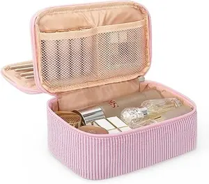 Nylon Striped Cute Pink Makeup Bag for Girls - Dual-Layer Cosmetic Organizer with Brush Holder, Portable Travel Toiletry Bag for Daily Use