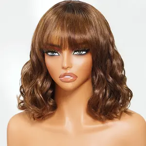 Unice 2x4 Lace Brown with Sunny Blonde Highlight Loose Wave Bob Wig with Bangs Human Hair Glueless Wig