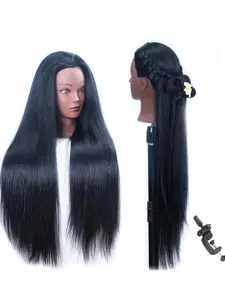 26 Inch Human Model Head with Hair, Long Hair, Synthetic Fiber, Beauty Doll Head, Multi-Color, Includes Desktop Clip Stand, Fashion Accessory