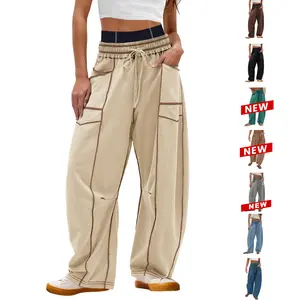 Molitree Women's Barrel Sweatpants High-Quality Soft Fabric High Waisted Wide Leg Drawstring Baggy Lounge Pants with Smocked Elastic Waistband & Exposed Seam Detailing Womenswear Maxi