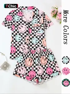 Women's Sleepwear Set, Smiley Face Print Pajamas, Lapel Button Short Sleeve Top & Elastic Shorts, Casual Fitted Nightwear