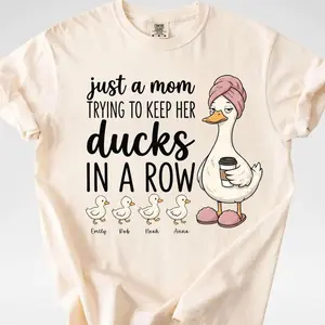 Personalized Mom Ducks in a Row Shirt Custom Kids Names Funny Mom Life Duck Tee B