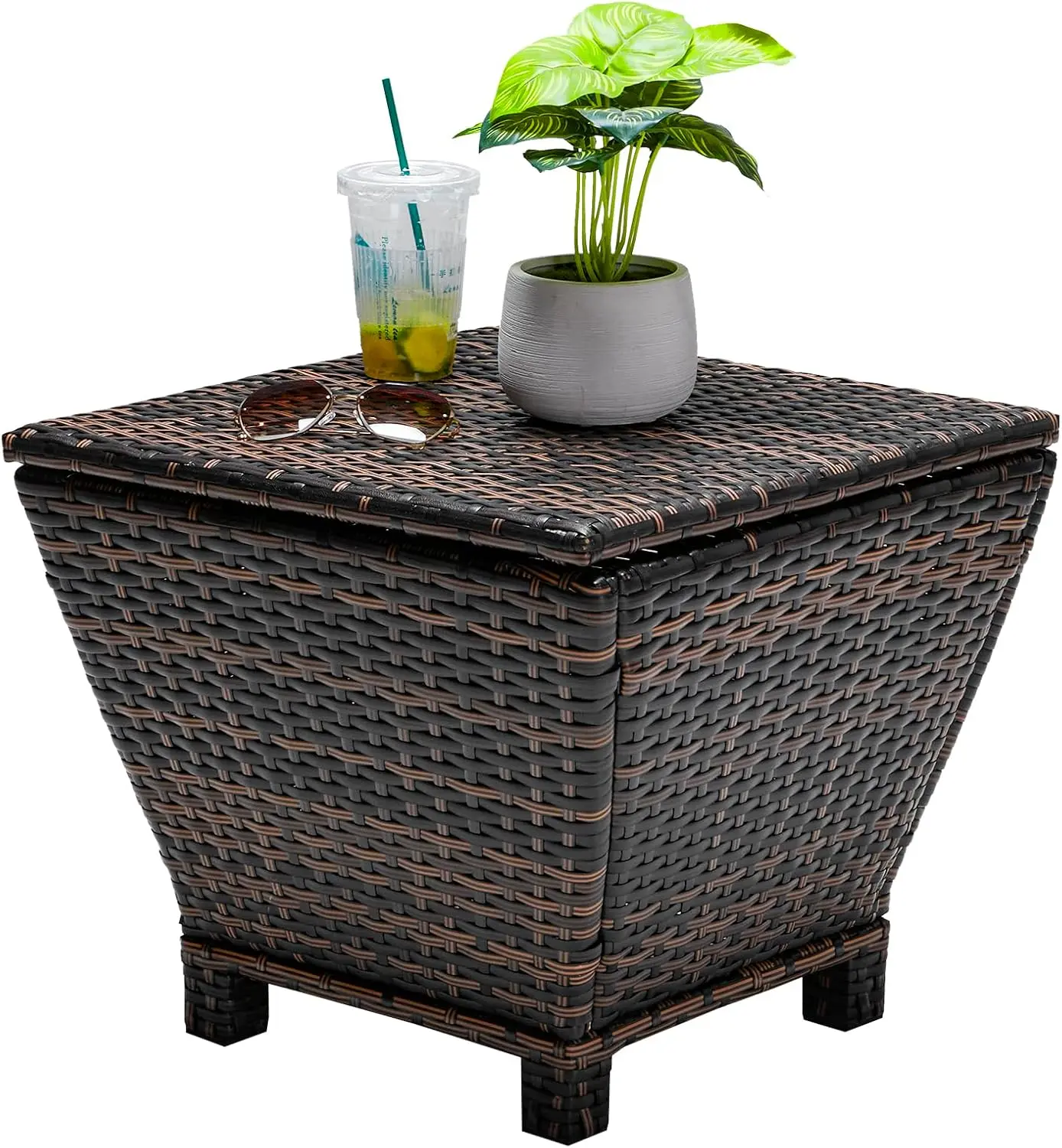 VINGLI Outdoor Side Table with Storage, 13/27-Gallon Storage Box Outdoor Wicker Side Table for Patio Storage Table , Middle, Brown