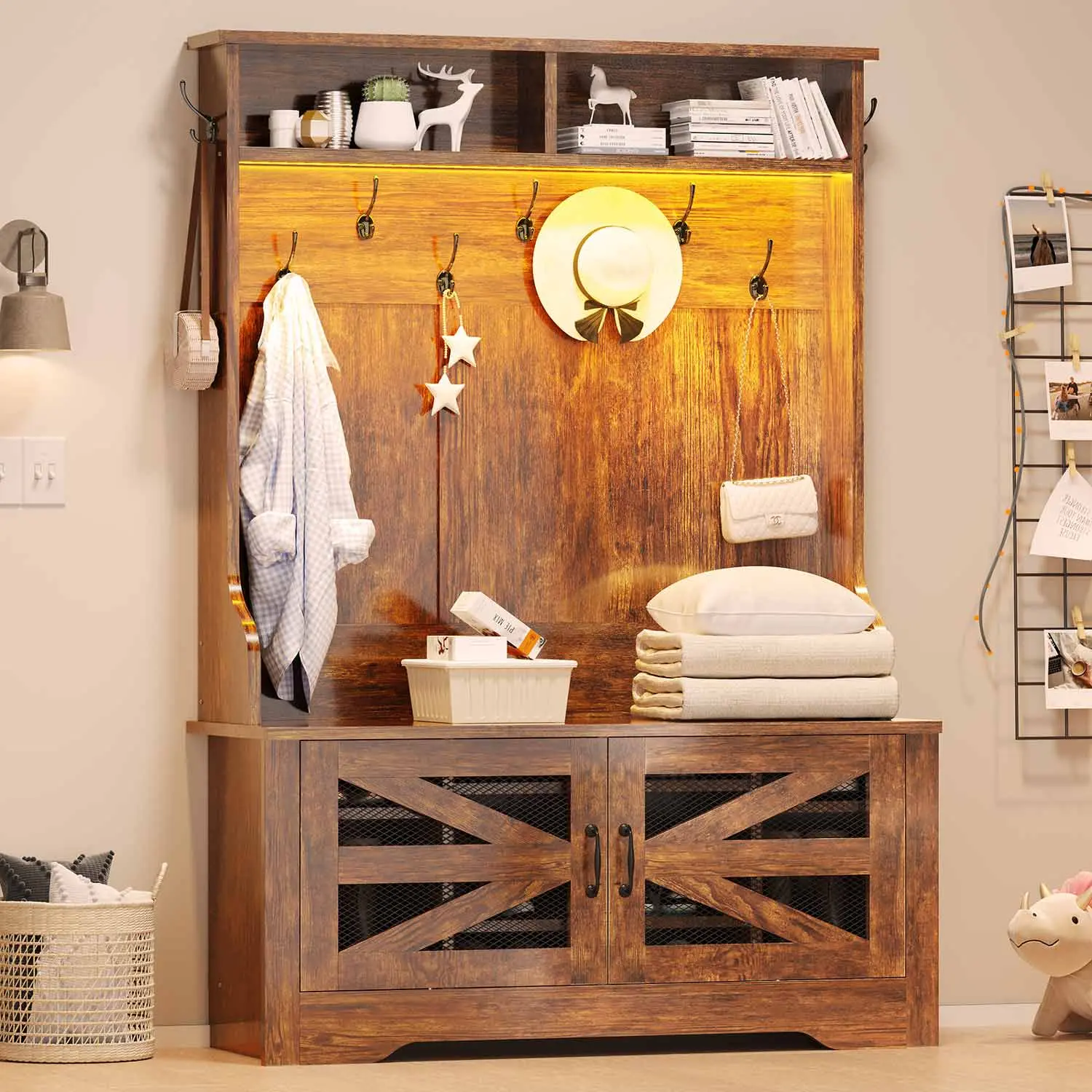SIKAIC 43.3 Inch Hall Tree with Bench and Shoe Storage, Rustic Brown Entryway Coat Rack with Storage Shelves and Hooks