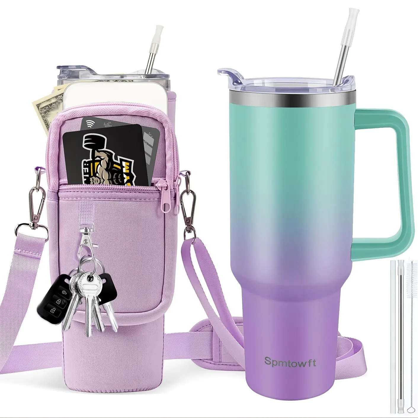40oz Insulated Stainless Steel Tumbler with Handle - Double Vacuum Coffee Mug, Straw Lid, Carrier Bag, Purse Pouch Phone Pocket, Gym Water Bottle Travel Mug for Men and Women with Sleeve Holder and Non-Slip Base
