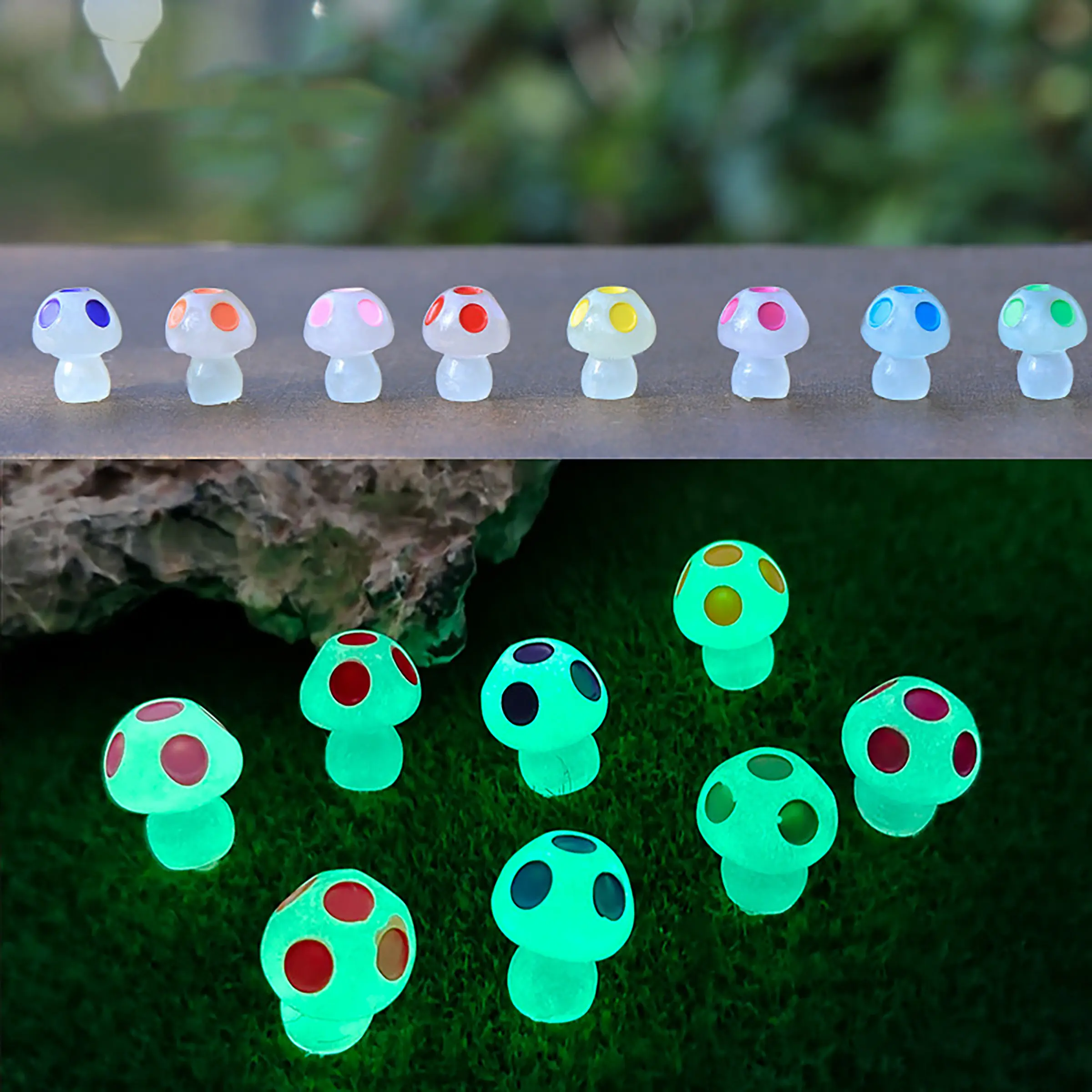 10 Random Color Glow-In-The-Dark Five-Point Small Mushroom Cartoon Pendants, Moss Garden Creative Decorative Accessories, Outdoor Decor, Mini Ornaments, Garden Sculptures Statues