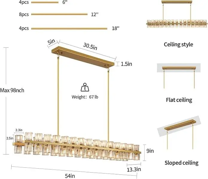 Crystal Gold Rectangular Chandelier For Dining Room,54in Dining Room Chandelier Over Table,Modern Chandelier For Dining Room,Arcachon Chandelier Kitchen Island Chandelier,Includes 60XG4 Bulbs