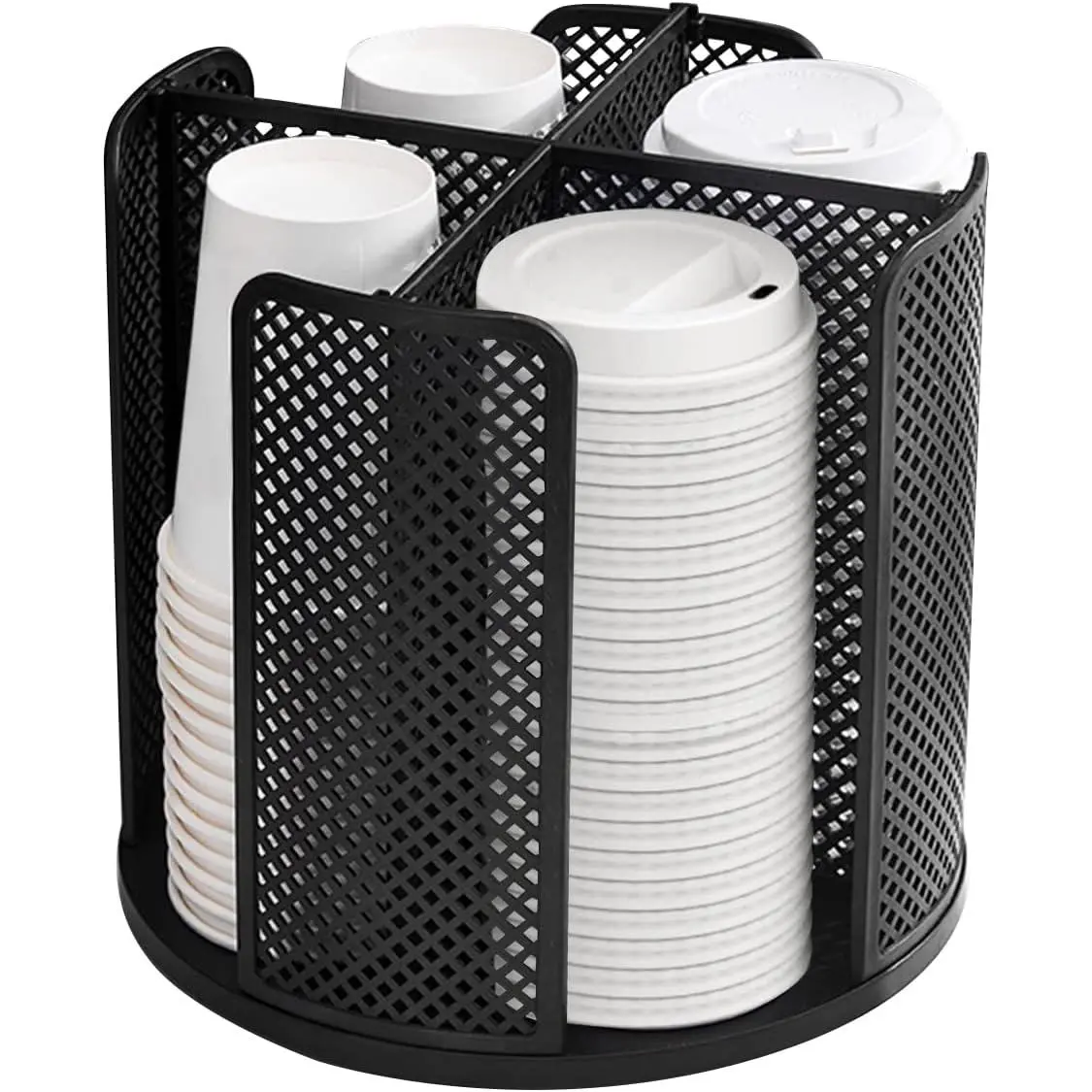4-Compartment Modern Rotating Vanity Organizer - Disposable/Plastic Cup Dispenser, Rotating Carousel Speeds Access for Kitchen Countertop, Coffee Station