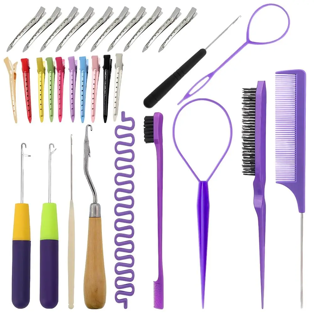 Professional 31-Pcs Hair Braiding & Crochet Kit - Includes Crochet Hooks, Partition Clips, Combs for Trendy Dirty Braids, Home DIY Hair Styling
