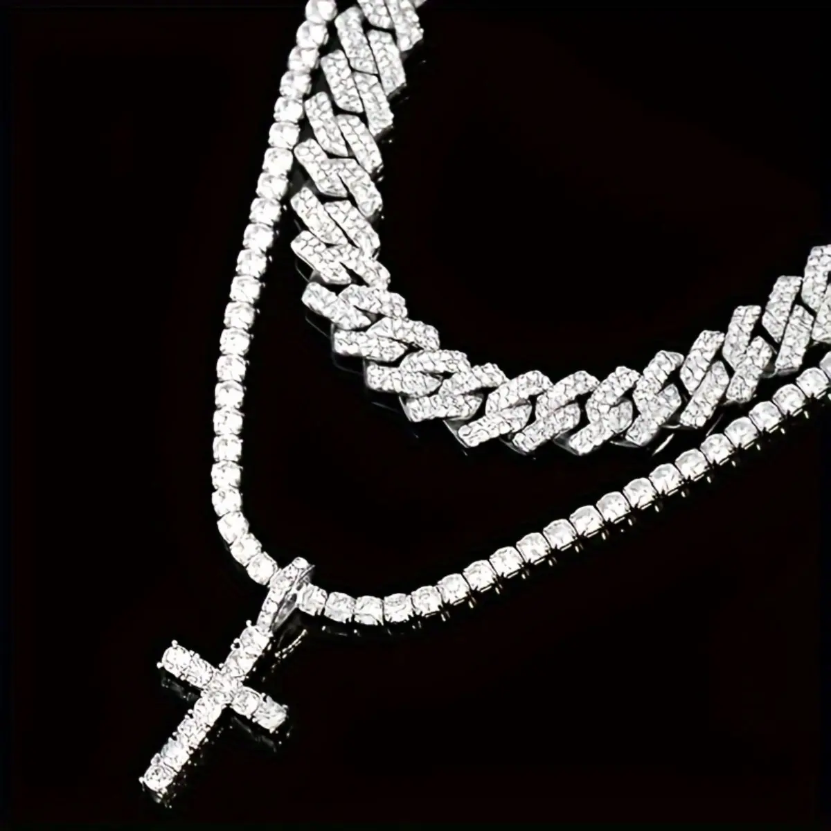 Men's 2-Piece Iced Out Costume Jewelry Set - Cuban Link Chain with Diamond Pave Cross Pendant, Gold Silver Vintage Hip Hop Streetwear Bling Gift, Cross Necklace