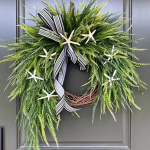 Coastal Starfish Greenery Wreath, 18-Inch Nautical Door Wreath with Striped Bow, Beach Villa Summer Decor, Coastal Style Home Decoration