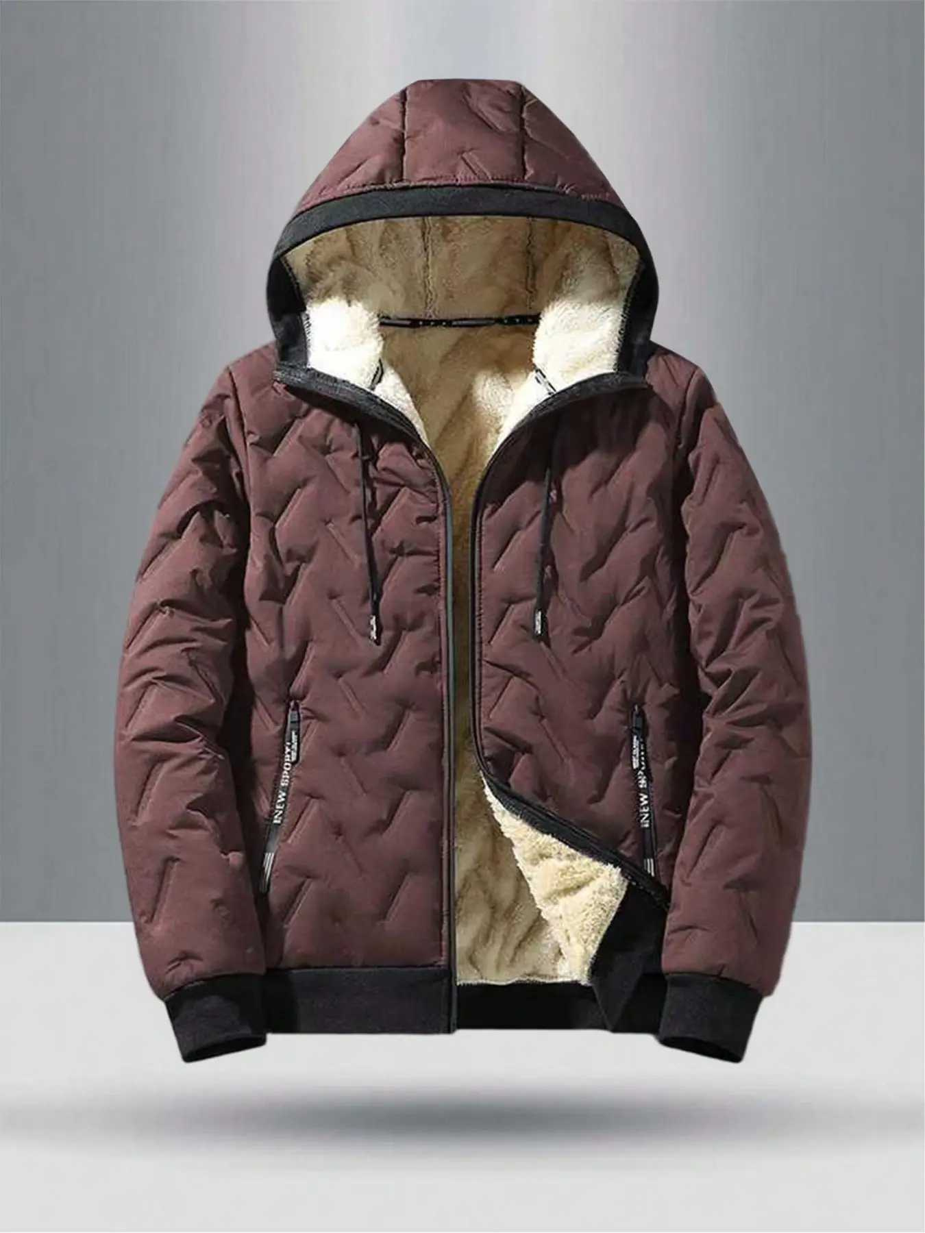 Teenager Hooded Fleece Jacket, Quilted Design, Sheepskin Lining, Zip Pockets, Windproof Warm Coat, Textured Adjustable Hat Rope