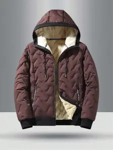 Teenager Hooded Fleece Jacket, Quilted Design, Sheepskin Lining, Zip Pockets, Windproof Warm Coat, Textured Hat Rope