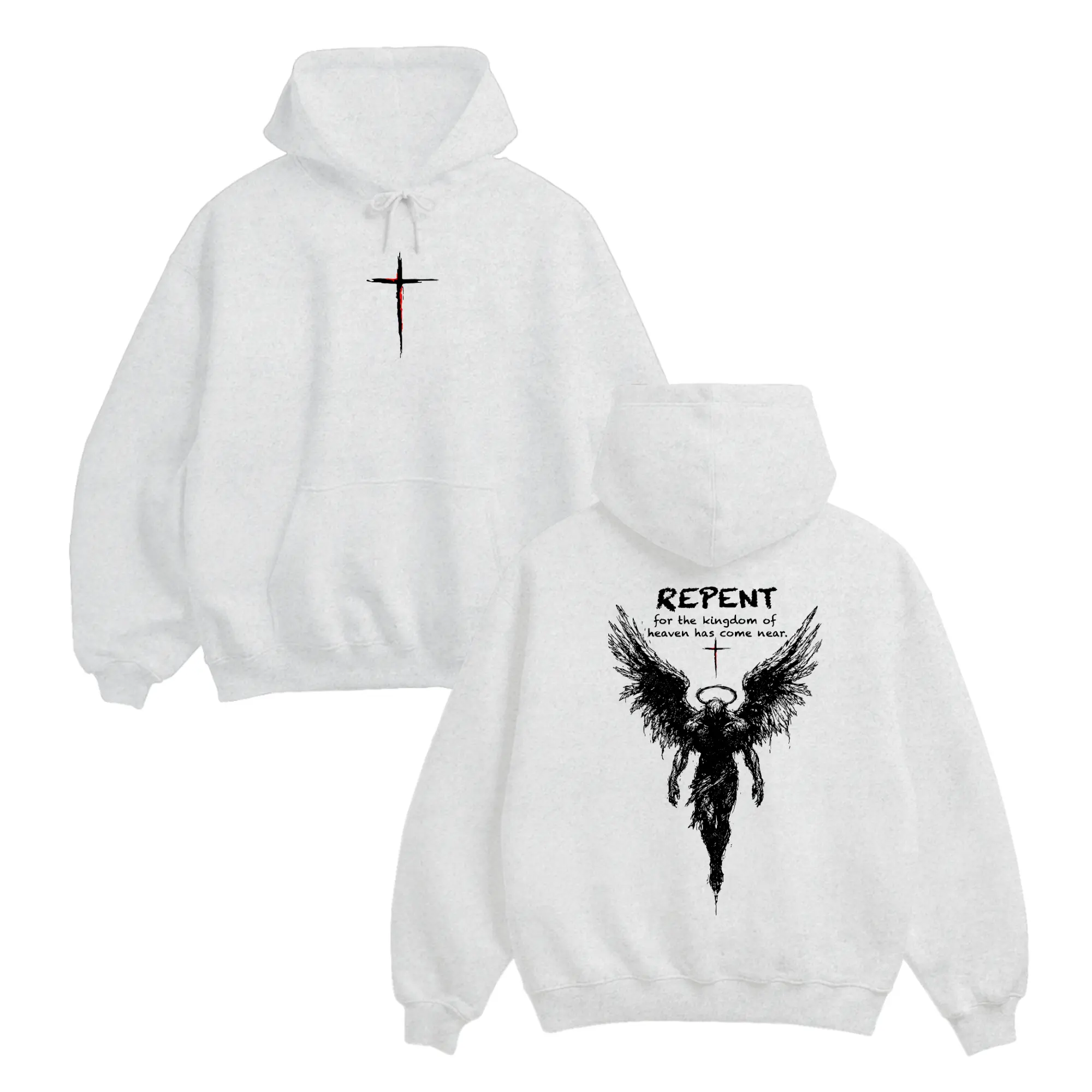 Repent Angel Hoodie For Men For Women, Repentance Scripture Graphic, Cotton Menswear Top, Distressed Angel Design, Faith Statement Apparel