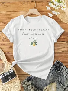 Women's "I DON'T NEED THERAPY, I JUST NEED TO GO TO ITALY" Lemon Graphic Tee | Italian Travel Quote T-Shirt | Soft Cotton Casual Top for Italy Lovers