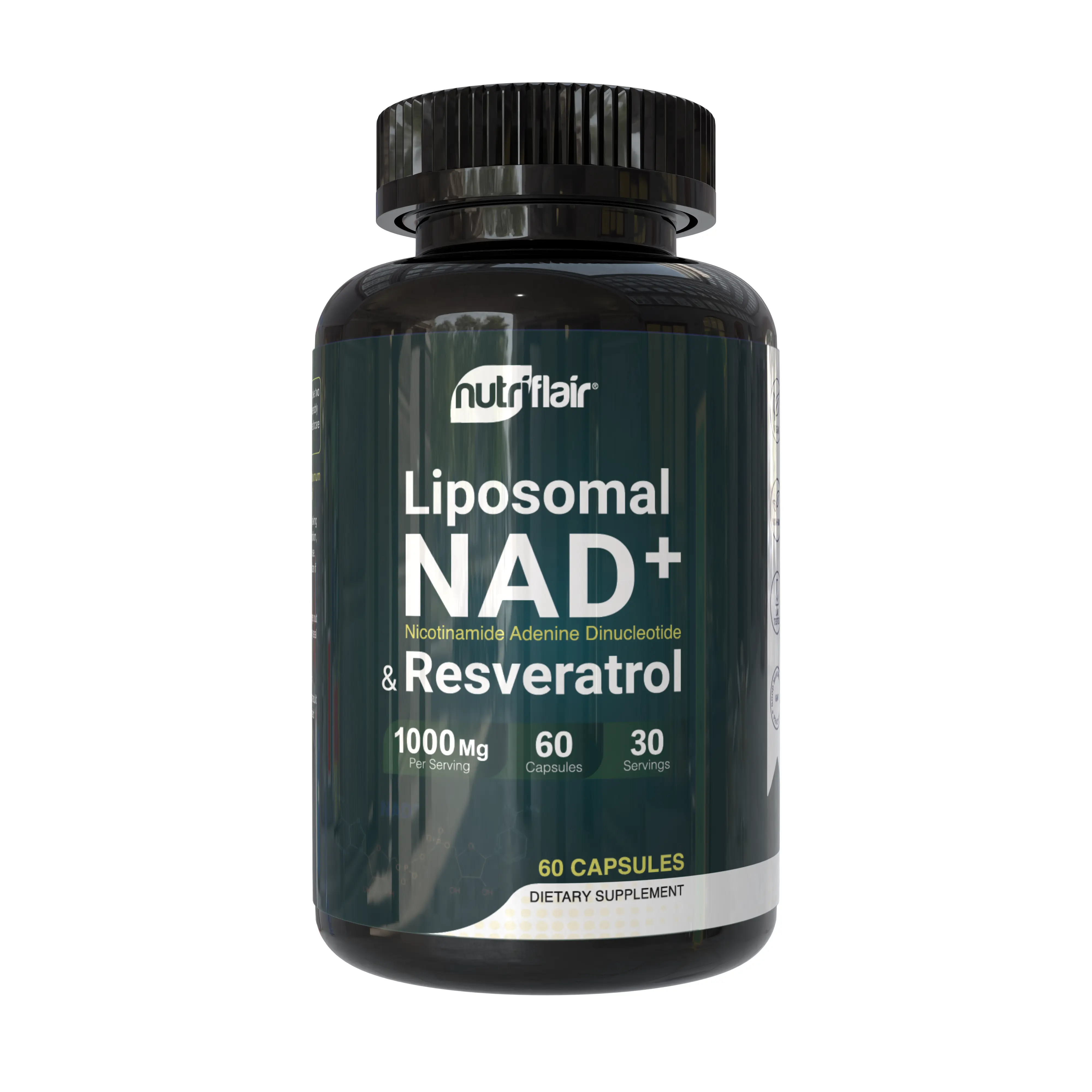 NutriFlair Liposomal NAD+ with Resveratrol Lab Tested Supplement, 1000mg per Serving Liposomal Capsules Blended Vitamins & Minerals, 60 Gluten-Free Non-GMO Capsules - High Absorption, Made in USA