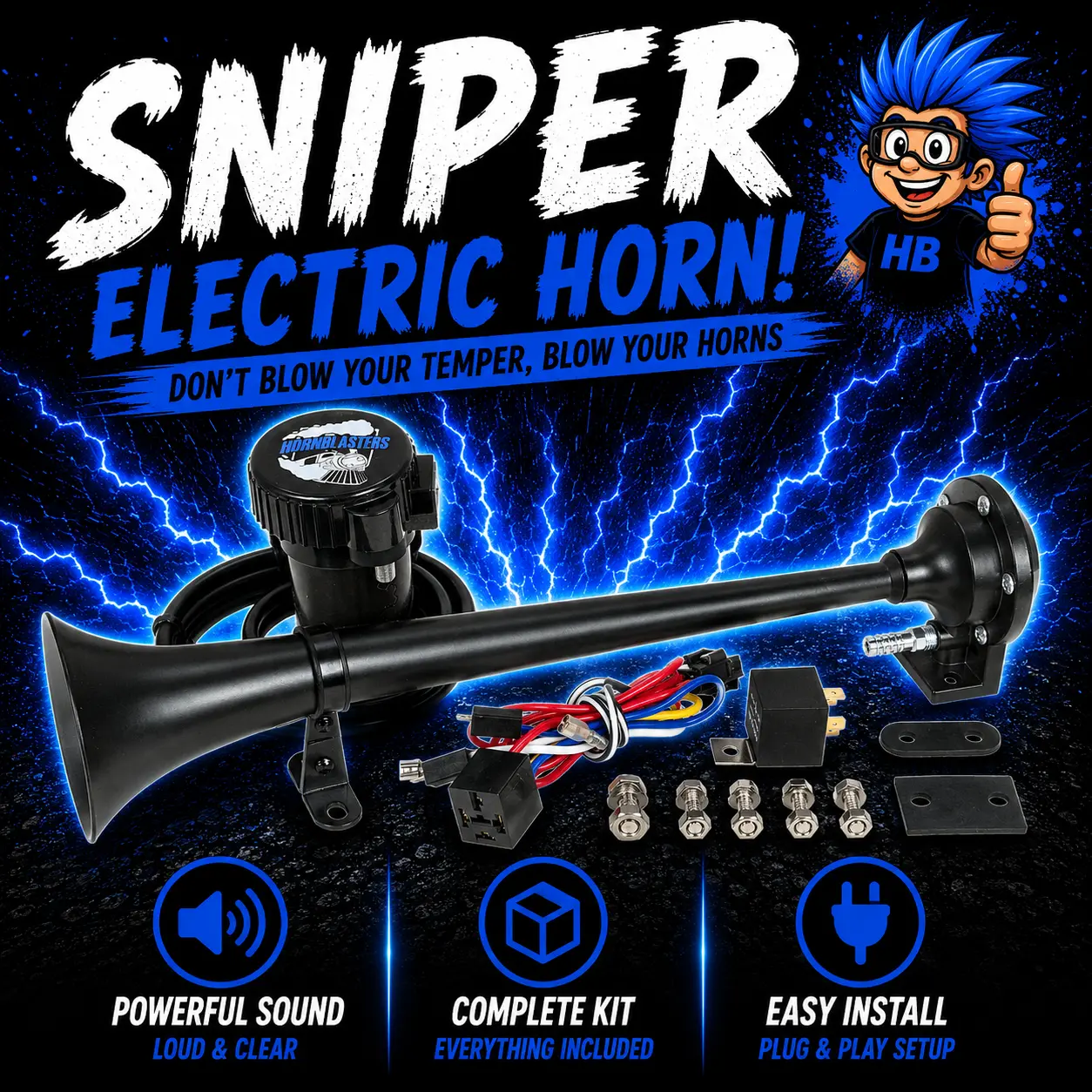 HornBlasters Sniper Electric Air Horn | 12-Volt DC 20A | With 40 Amp Relay & Mounting Hardware | Vehicle Car Accessories HornBlasters Sniper Electric Air Horn | 12-Volt DC 20A | With 40 Amp Relay & Mounting Hardware | Vehicle Car Accessories