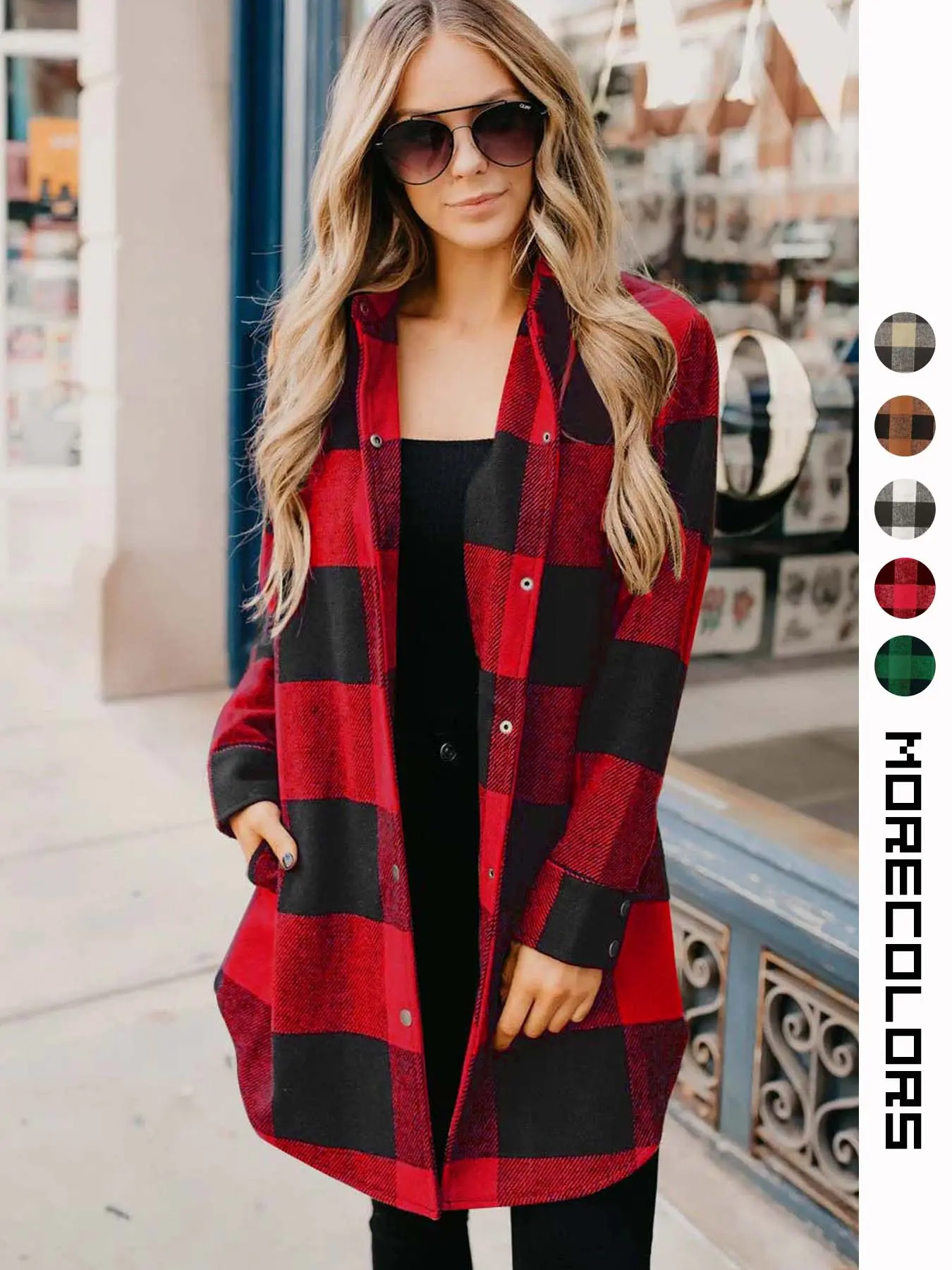 USBOUTIQUECHIC Women's Brushed Flannel Shacket, Long Sleeve Cotton Button-Down Plaid Coat with Pocket, Stylish Essential Womenswear for Pairing with Jeans