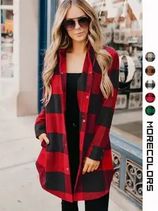 USBOUTIQUECHIC Women's Brushed Flannel Shacket, Long Sleeve Cotton Button-Down Plaid Coat with Pocket, Stylish Essential Womenswear for Pairing with Jeans