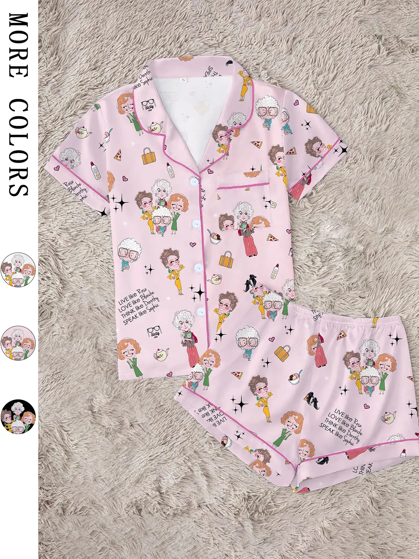 Classic Golden Girls Theme Print Lapel Short Sleeve Shirt & Shorts Fitted Collared Pajama Set, Polyester Loungewear Set, Casual Chic Style Comfortable Lightweight Loungewear Nightwear for All Seasons, Ideal Party Gift Pjs