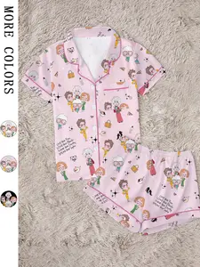 Classic Golden Girls Theme Print Lapel Short Sleeve Shirt & Shorts Fitted Pajama Set, Casual Chic Style Comfortable Lightweight Loungewear Nightwear for All Seasons, Ideal Party Gift Pjs