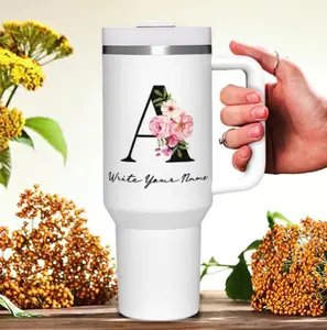 Personalized 40oz Tumbler with Handle - Floral Monogram Design, Ideal for Drinking and Display - Bottle, Drinkware Stylish Flasks tumblers